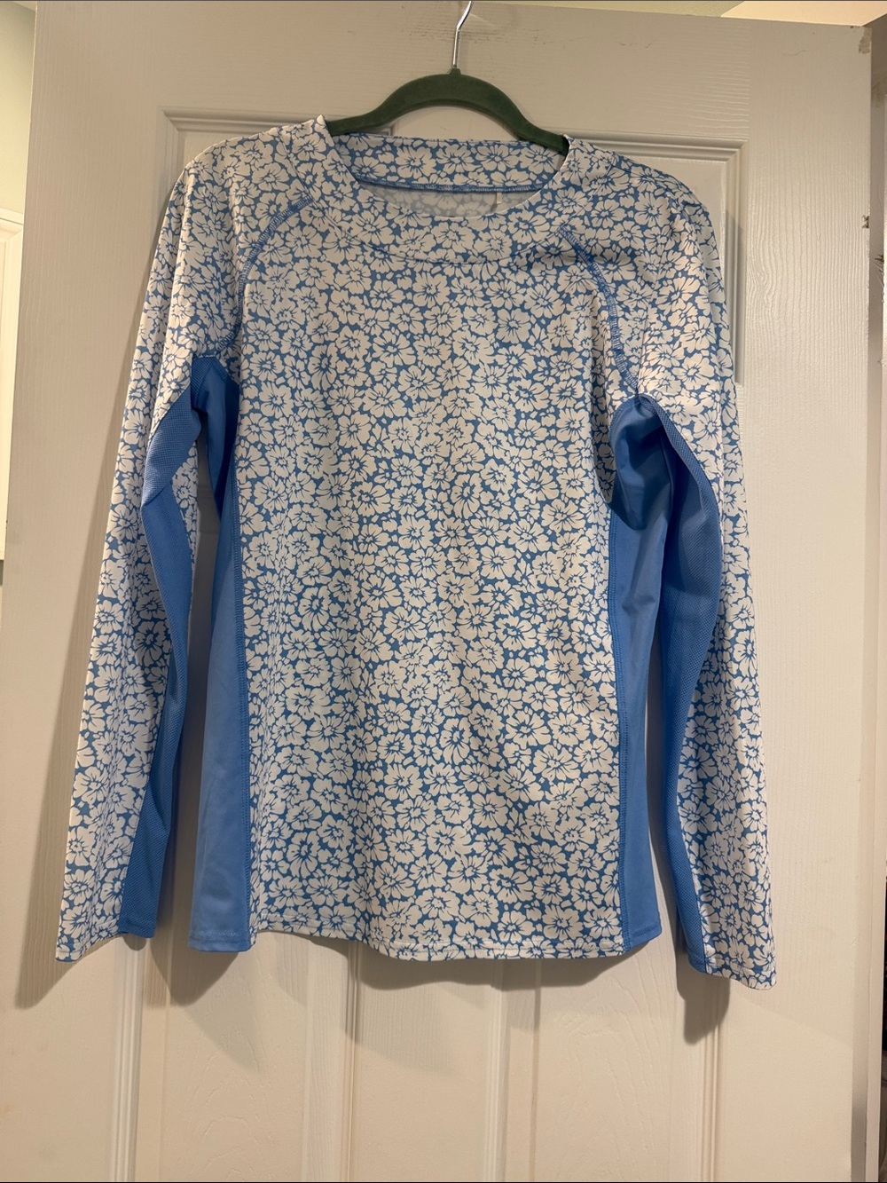 Blue Floral Long-Sleeve Tee with Solid Blue Side Panels